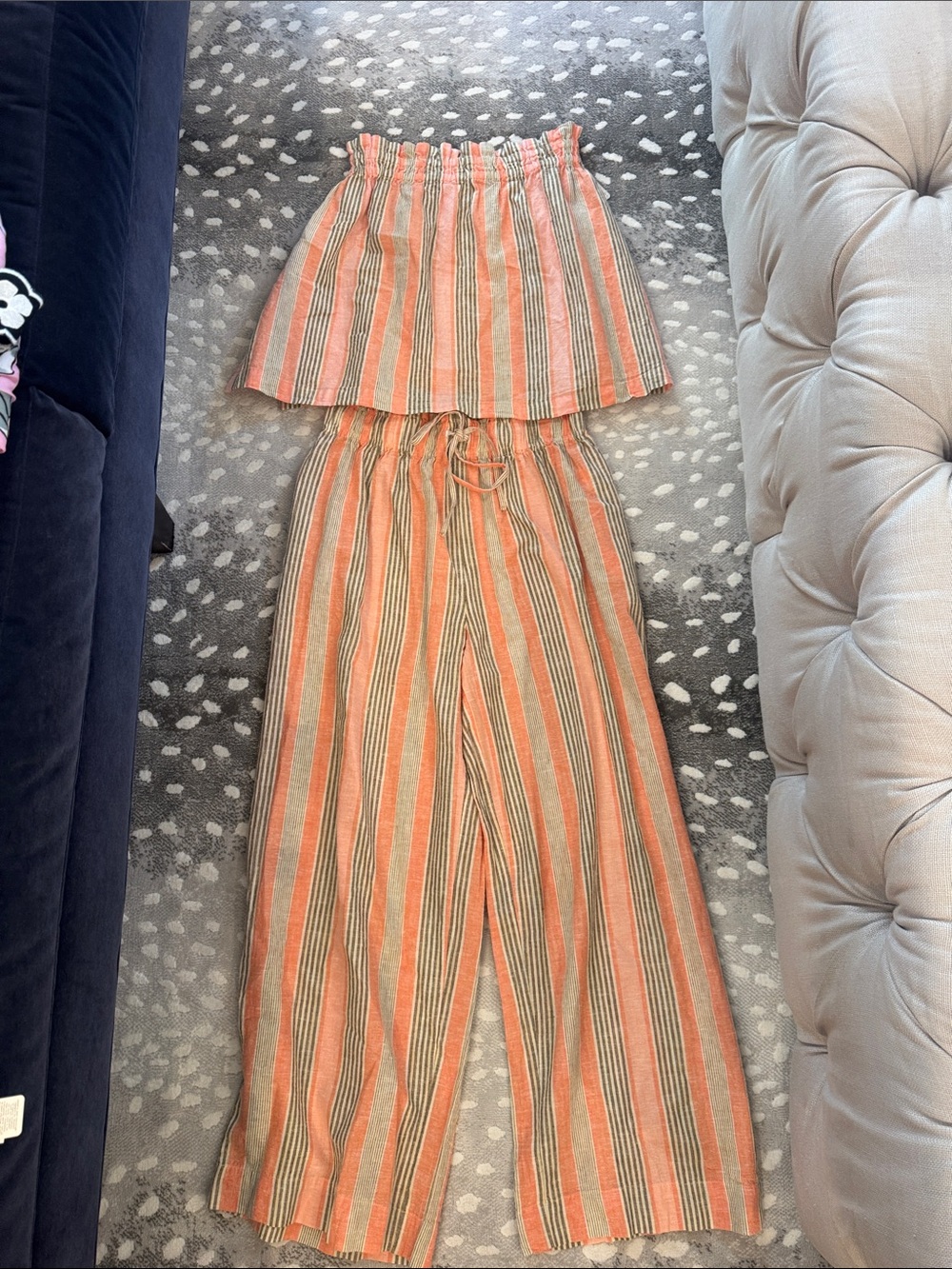 Free People Coral & Cream Vertical-Stripe Two-Piece Wide-Leg Set